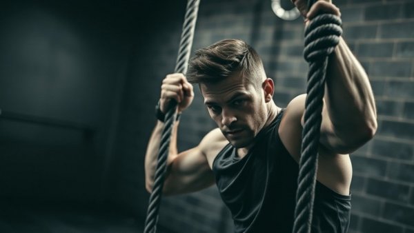 Rob Orlando CrossFit Innovator rope climbing in gym.