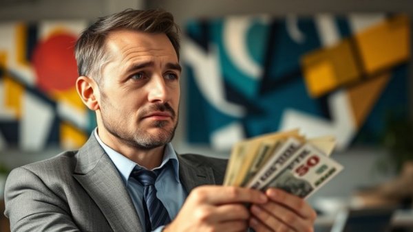 Thoughtful man holding money in office for high ticket sales.