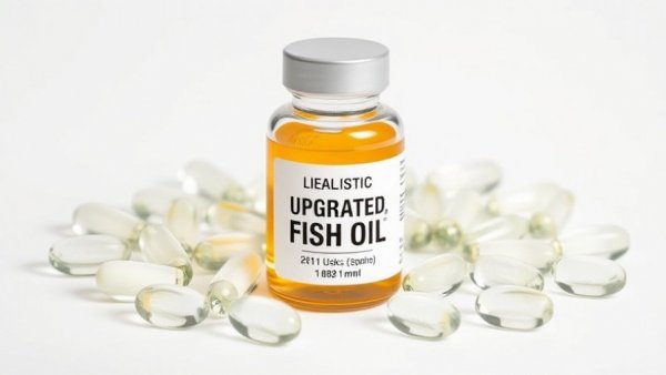 Upgraded fish oil supplements in sleek capsules around a bottle.