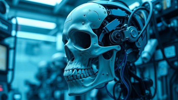 Futuristic cyborg skull displaying advanced training techniques elements.