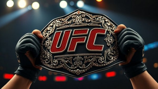 UFC champion belt held by gloved hands, detailed close-up.