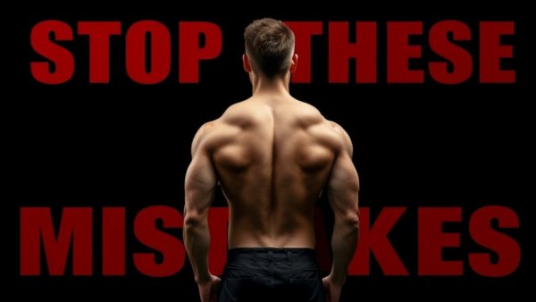Muscular man's back with text 'STOP THESE MISTAKES', reasons not gaining muscle.