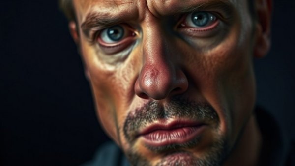 Concerned man with blemish, skincare tips highlighted.