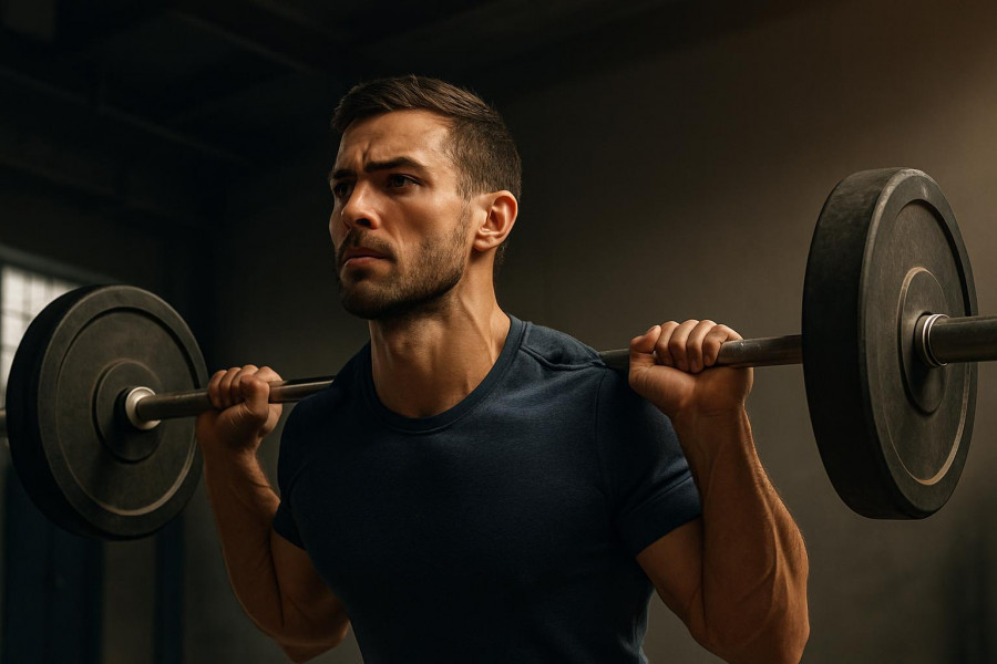 Focused athlete performing barbell lift in gym, highlighting muscle hypertrophy and training volume.