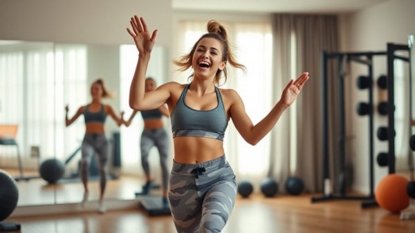 Energetic woman enjoys fun cardio workouts at home gym