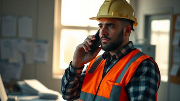 Construction worker discussing supplier compliance on phone.