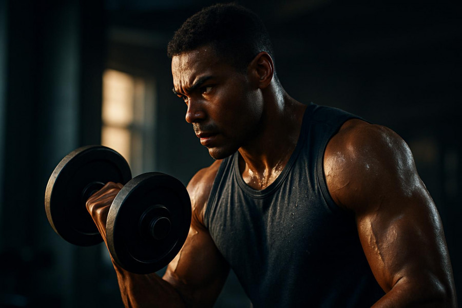Athletic man lifting a dumbbell, showcasing muscle fibers and hypertrophy focus.