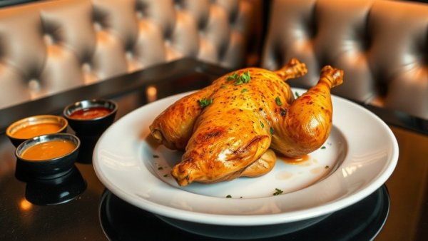 Lebanese flavors in West Village: roasted chicken with sauces on a black table.