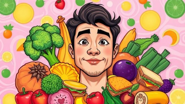 Cartoon of a man with diverse foods, representing culinary passion.