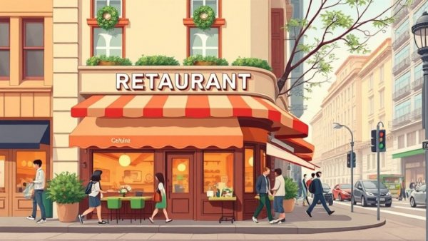 Charming restaurant facade illustration, NYC dining scene.