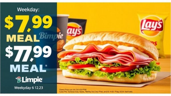 Blimpie $7.99 Meal Deal poster with sub, drink, chips, and schedule.