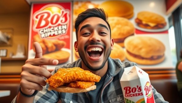 Man enjoying Bo’s Chicken Rippers meal with a big smile.