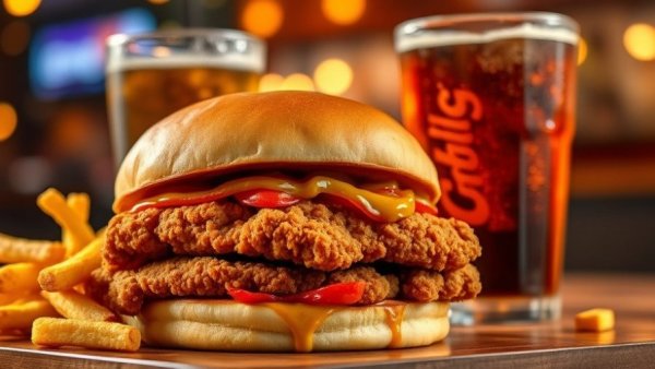 Chili's Big Crispy Chicken Sandwich with fries and nachos in a warm restaurant setting.