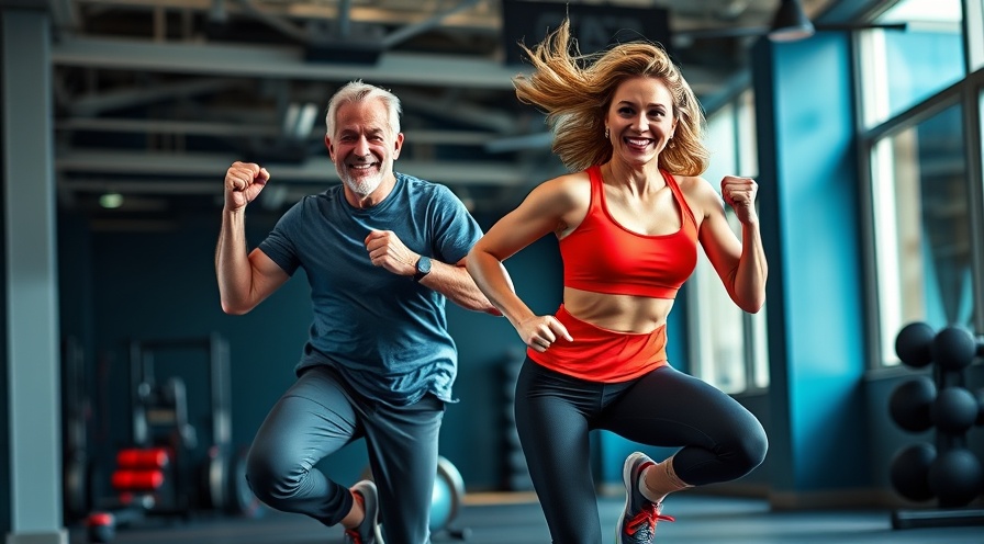 Energetic man and woman mid-HIIT in vibrant gym, showcasing fitness after 40.