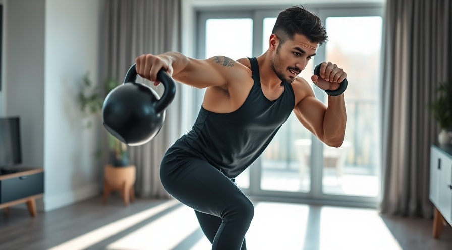 Energetic person performing a kettlebell exercise routine at home.