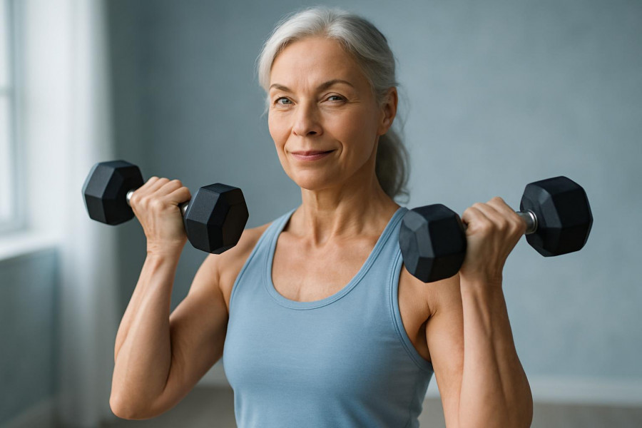 Mature woman confidently performing strength training over 50 with dumbbells.