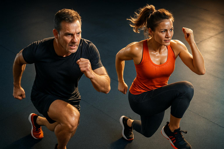 Energetic mid-40s couple doing fat burning exercises in a bright gym
