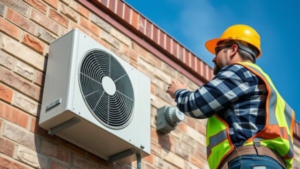 Technician performs HVAC maintenance on AC unit in spring.
