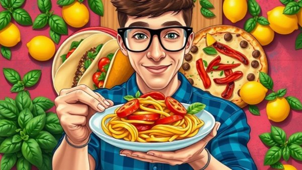 Illustrative artwork of a person with diverse food items.