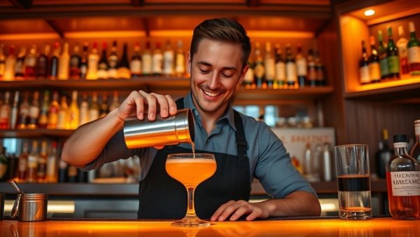 Smiling bartender at J. Alexander's in Atlanta pouring a cocktail.