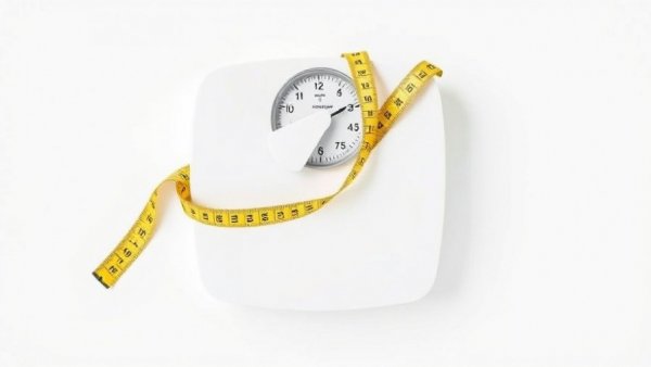 Bathroom scale with measuring tape on white background, symbolizing weight change.