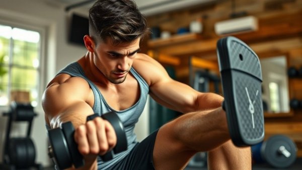 Focused young man doing dumbbell leg exercises in a home gym.