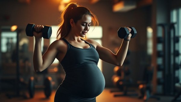 Pregnant woman lifting weights in the gym highlighting safe exercise during pregnancy.
