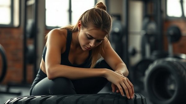Athlete resting on tire in gym; sleep deprivation affects workouts.