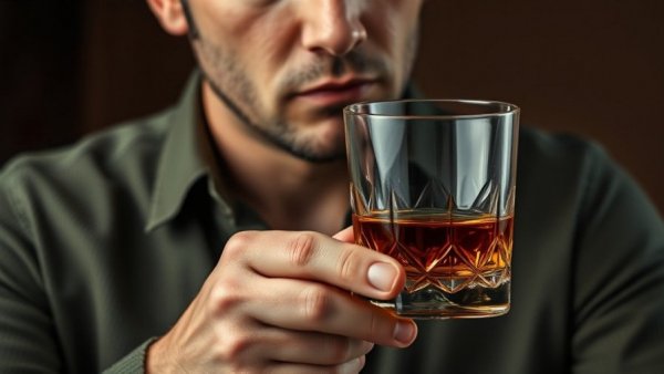 Close-up of a person contemplating effects of alcohol with a whiskey glass.