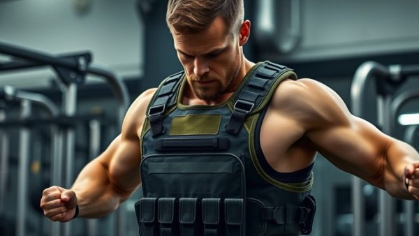 Man exercising with weighted vest in gym, highlighting power in fitness.