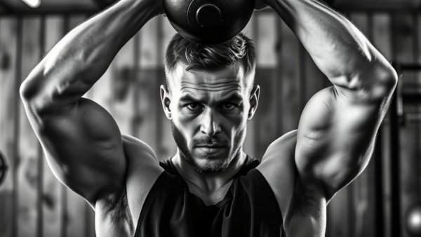 Kettlebell Snatch Test Preparation: Male athlete in a gym setting lifting a kettlebell.