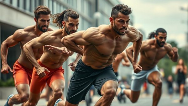 Running benefits for bodybuilders: athletes sprinting outdoors.