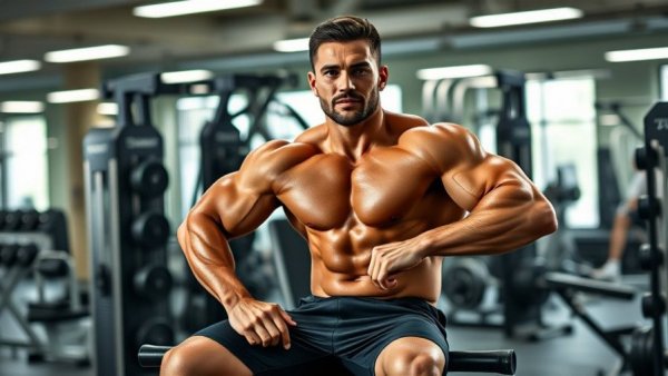 Muscular man demonstrating strangest gym exercises in a gym setting.