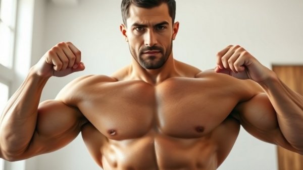 Muscular man posing confidently, emphasizing physique, indoors.