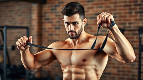 Upper body band exercises demonstration by fit male, gym setting