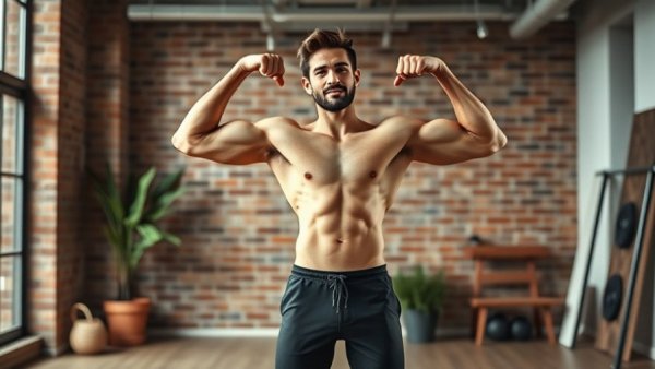 Fit male flexing muscles for 20 minute fat burning HIIT workout.