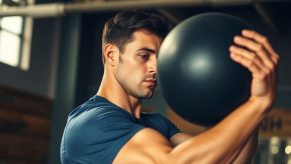Male in gym performing medicine ball slam incorrectly, indoor setting.