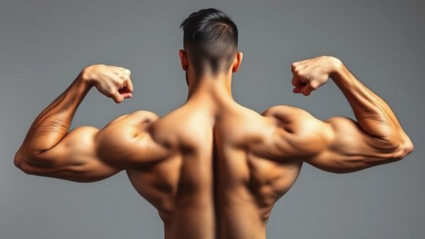 Muscular man flexing for an upper body workout at home.