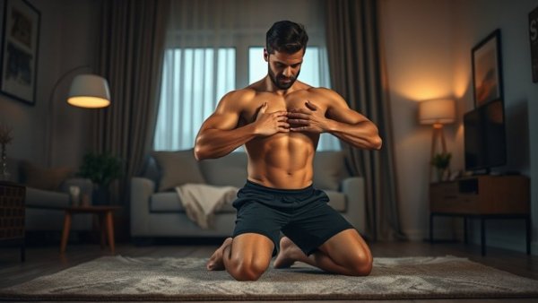Athletic man doing chest workout at home, living room.
