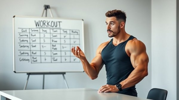 Muscular man discussing home workout plan, modern indoor setting.