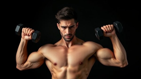 Fit male demonstrating wider shoulders workout with dumbbells.