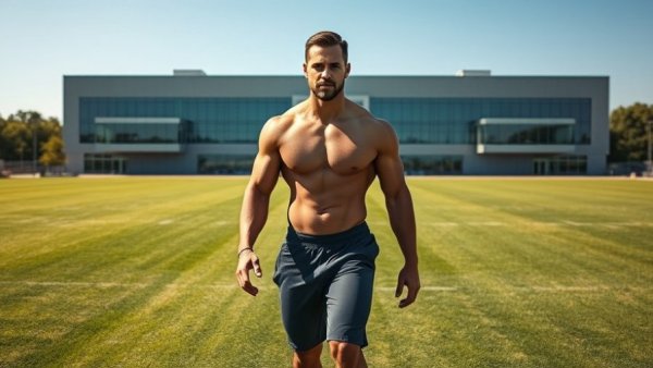 Muscular man walking in front of gym, promoting bodyweight exercises.