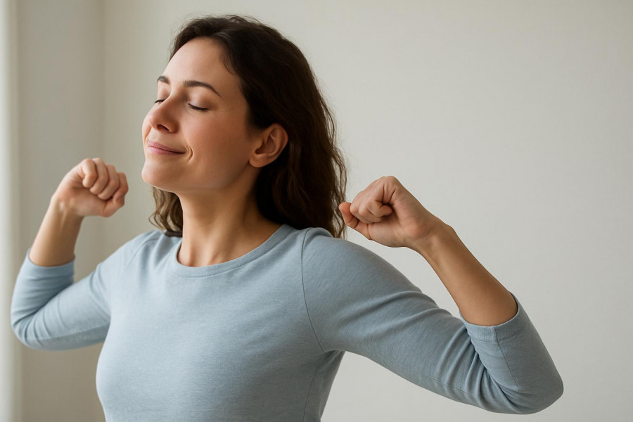 Confident young woman stretching for shoulder mobility in soft morning light.
