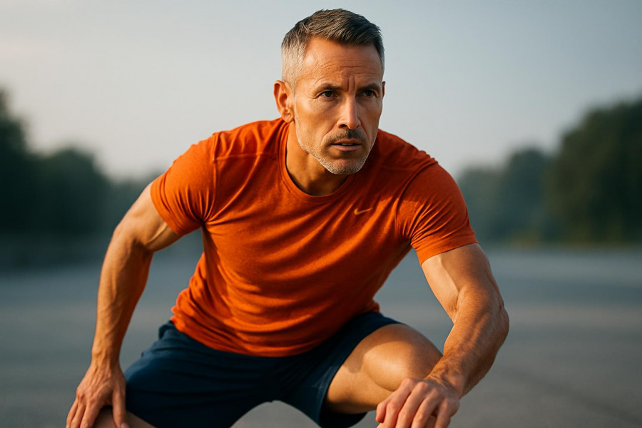 Fit middle-aged man preparing for fitness tests, showcasing energy and determination.