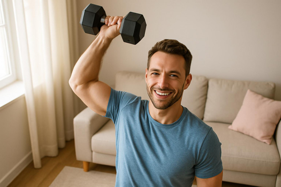 Fit individual doing home strength training with a dumbbell overhead, smiling warmly.