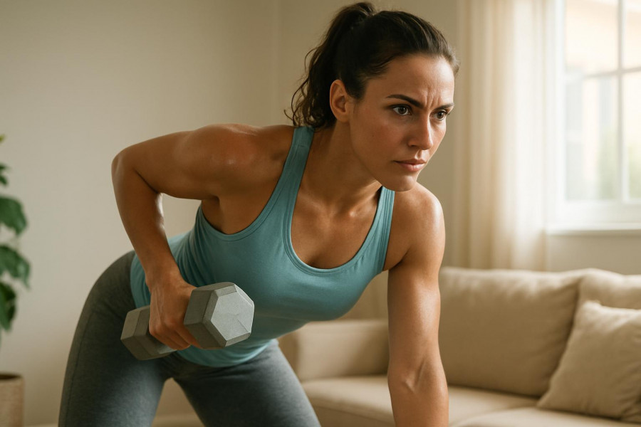 Determined woman performing a dumbbell workout in a bright, serene home setting.