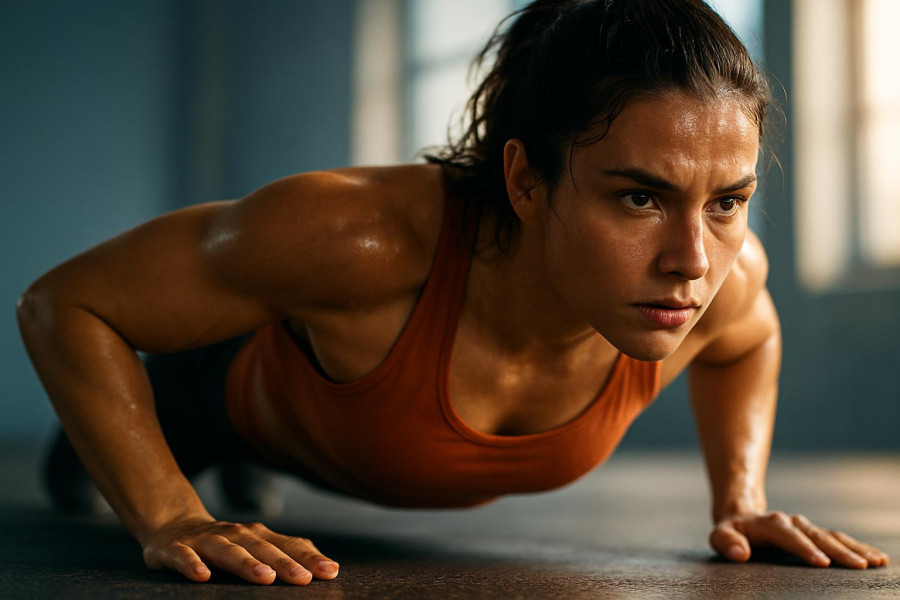 Focused athletic woman mid-pushup showcasing workout intensity in a bright gym.