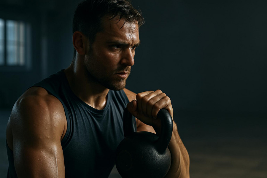 Focused athlete training in combat sports, gripping a kettlebell in dramatic light.