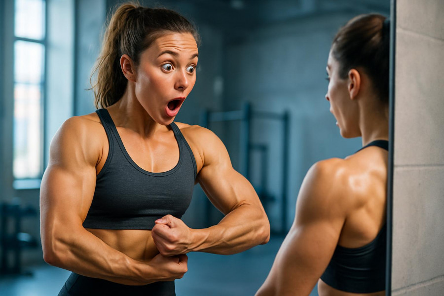 Athletic woman amazed by her muscle gain in a bright gym mirror.