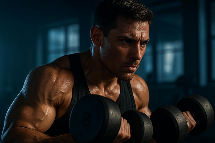 Athletic person showcasing strength training with dumbbells in dramatic early morning gym light.